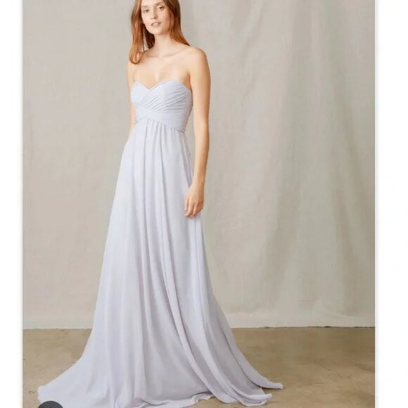 Amsale “Sarabeth” Strapless Sweetheart Silk Chiffon Dove Maxi Bridesmaid Dress - Picture 1 of 13
